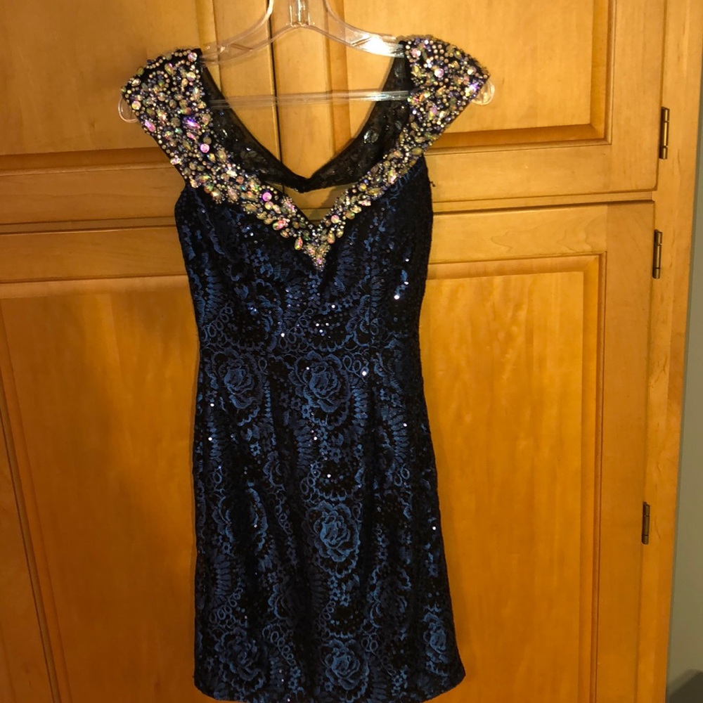 Hannah S Black, Blue, and Silver Formal Dress